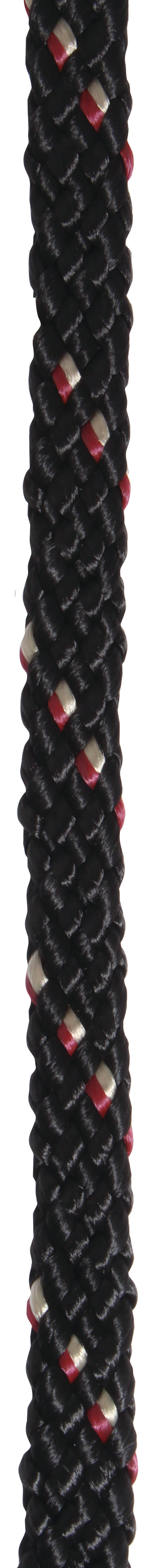 A close up of a black braided roping rein with red and white accents