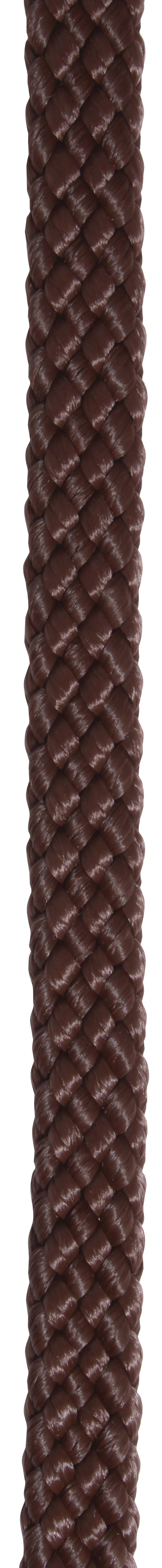 A close up of a brown braided roping rein 