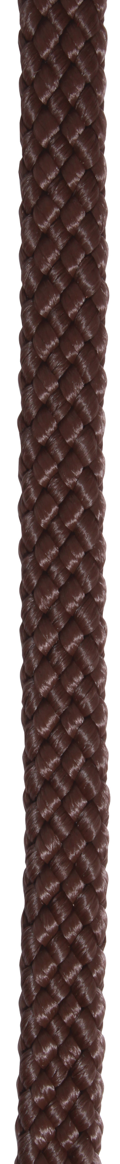 A close up of a brown braided roping rein 