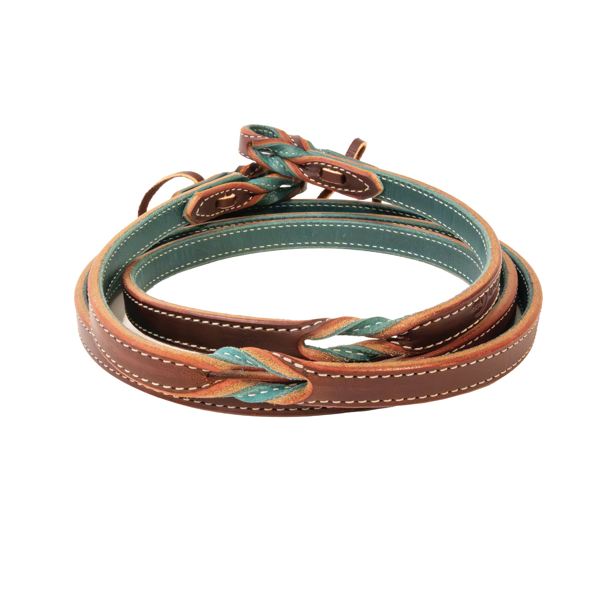 Professional's Choice leather reins with green accents on a white background