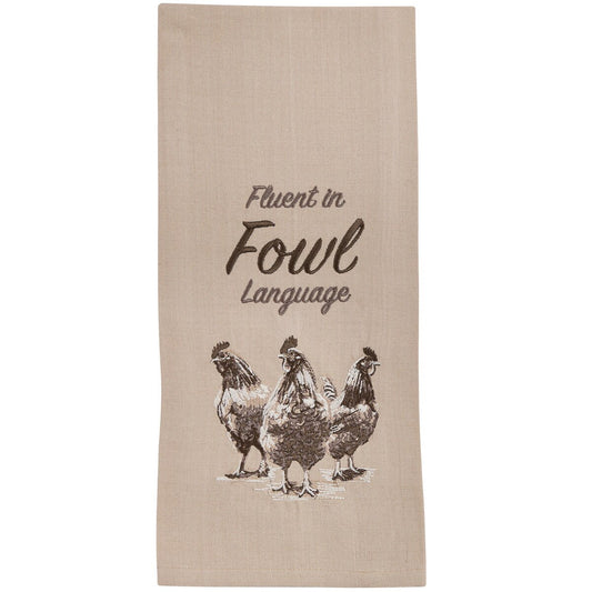 Beige towel with black text 'Fluent in Fowl Language' and illustrations of chickens on a white background