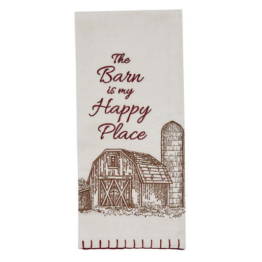 Tea towel with a barn design and text on a white background