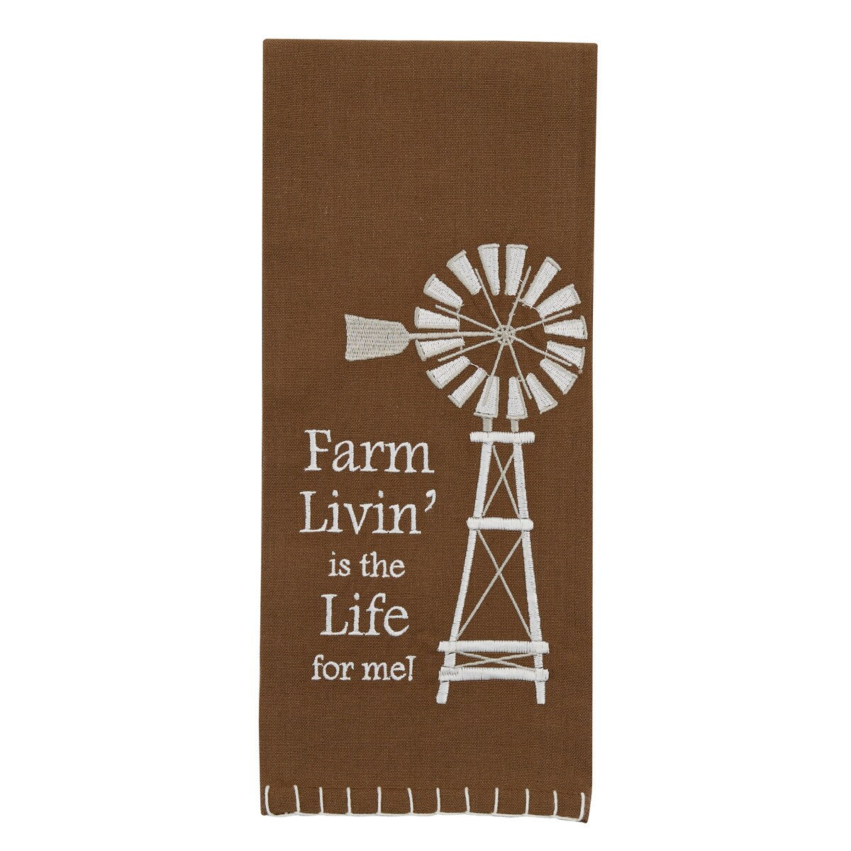 Brown towel with white windmill design and text on a white background