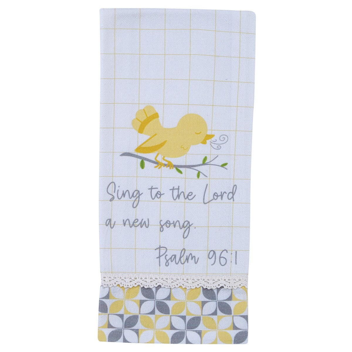 Towel with a yellow chick illustration and text on a white background