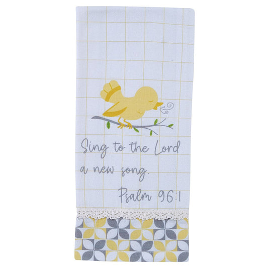 Towel with a yellow chick illustration and text on a white background