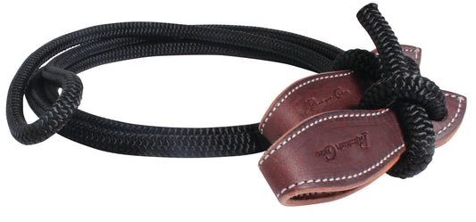 heavy duty black rope  with leather ends to attach to bit, used as a rein for riding horses