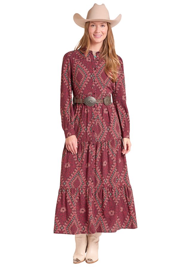 Woman wearing a red Panhandle Slim maxi dress for floral designs on a white background