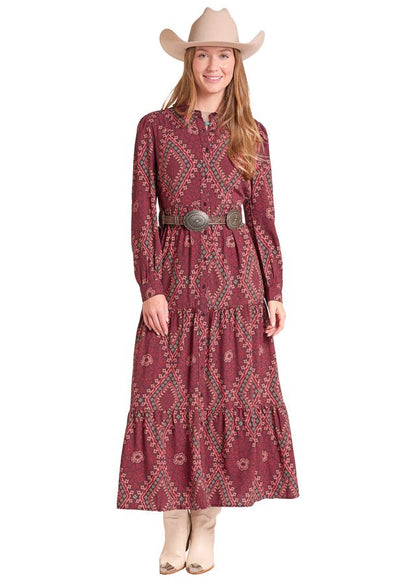 Woman wearing a red Panhandle Slim maxi dress for floral designs on a white background