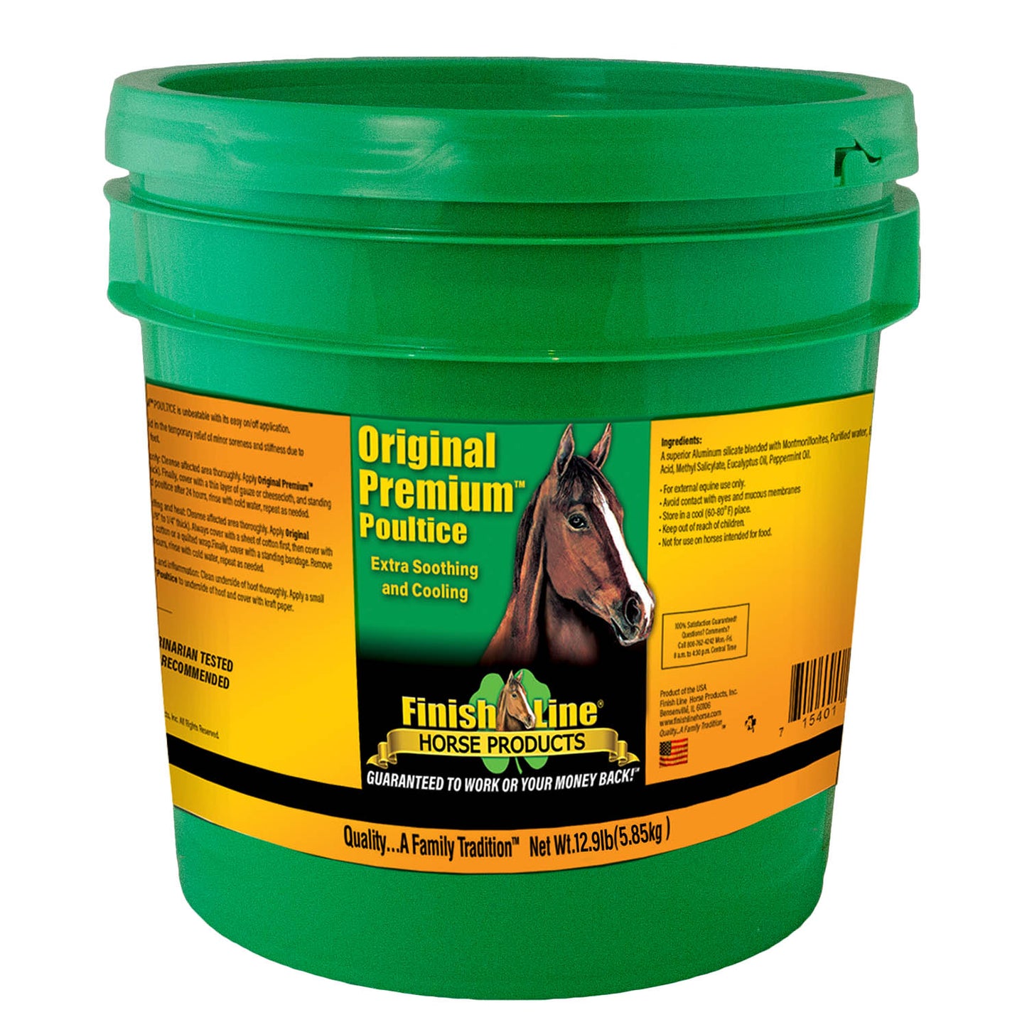 a green bucket with a yellow label that says original premium poultice with a horse on it, by finish line horse products