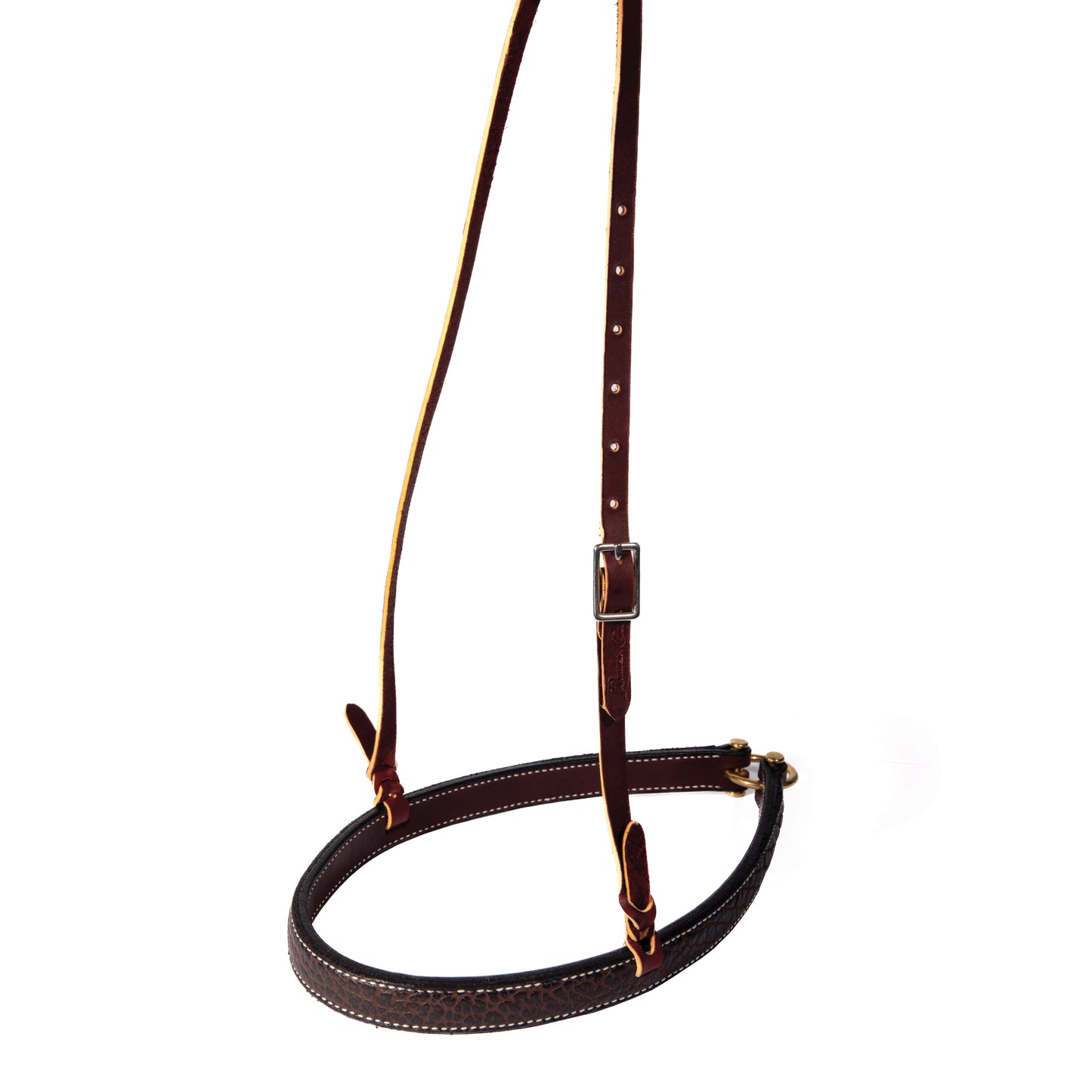 A brown leather nose band with brass hardware, featuring a chocolate bison print.