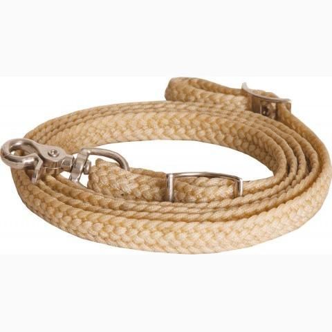 A braided horse rein in a natural tan color with silver metal hardware, including a snap hook, rings, and buckle, coiled on a white background.