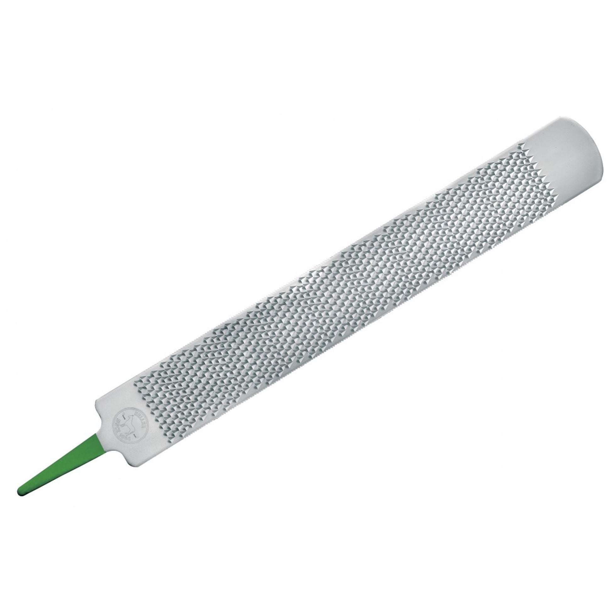 metal hoof rasp with a green handle on a white background