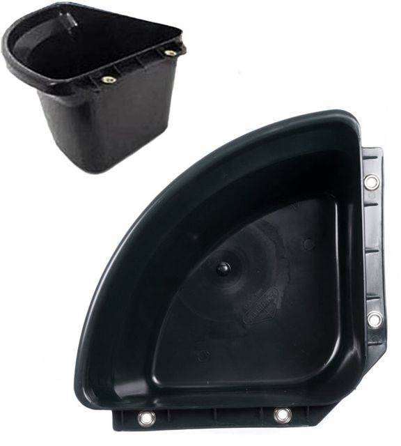 a black heavy duty plastic corner feeder for in a stable by fortiflex, and a top view of it as well