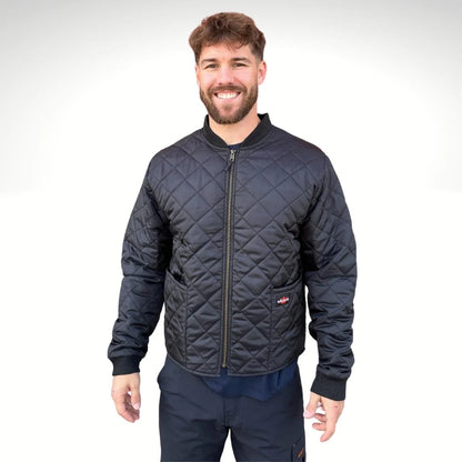 Man wearing a quilted black jacket on a white background