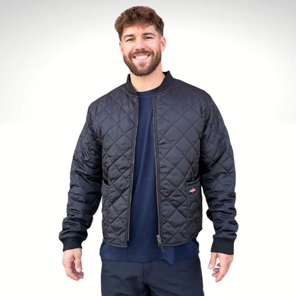 Man wearing a black freezer jacket on a white background