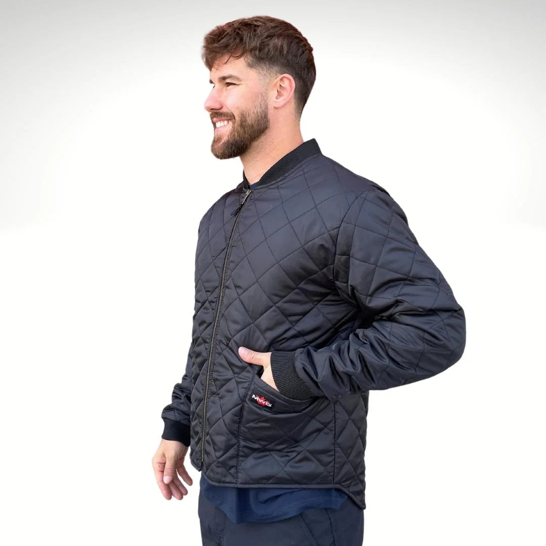 Man wearing a black quilted jacket on a white background