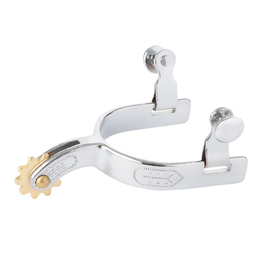 Silver spur with gold spur rowel on a white background