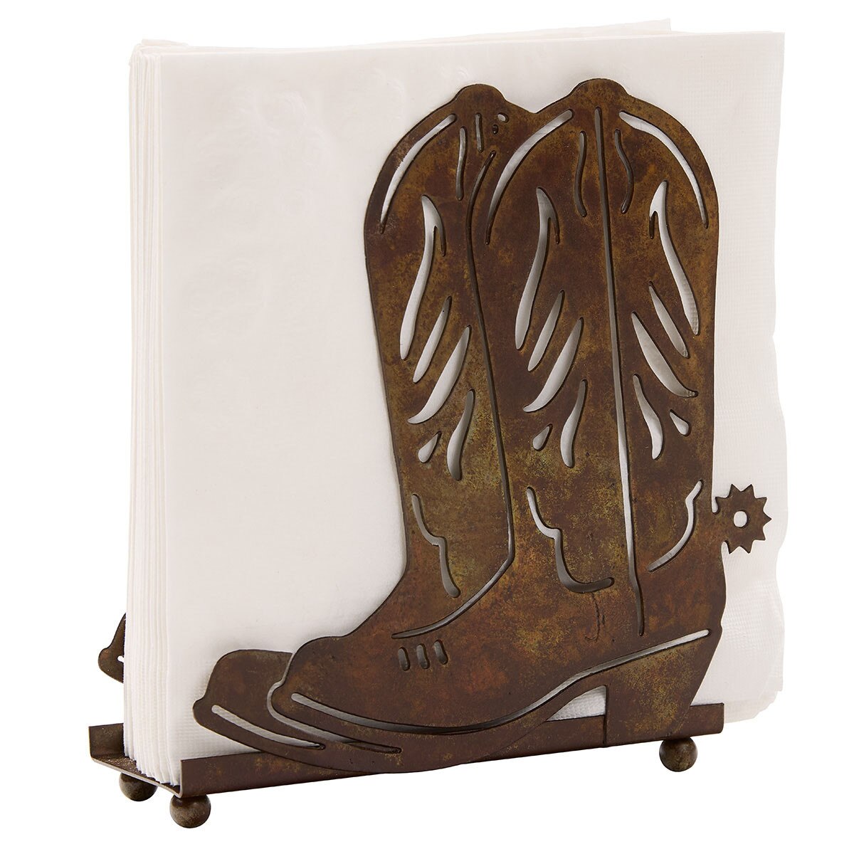 Decorative napkin holder by Park Designs with cowboy boot design on a white background