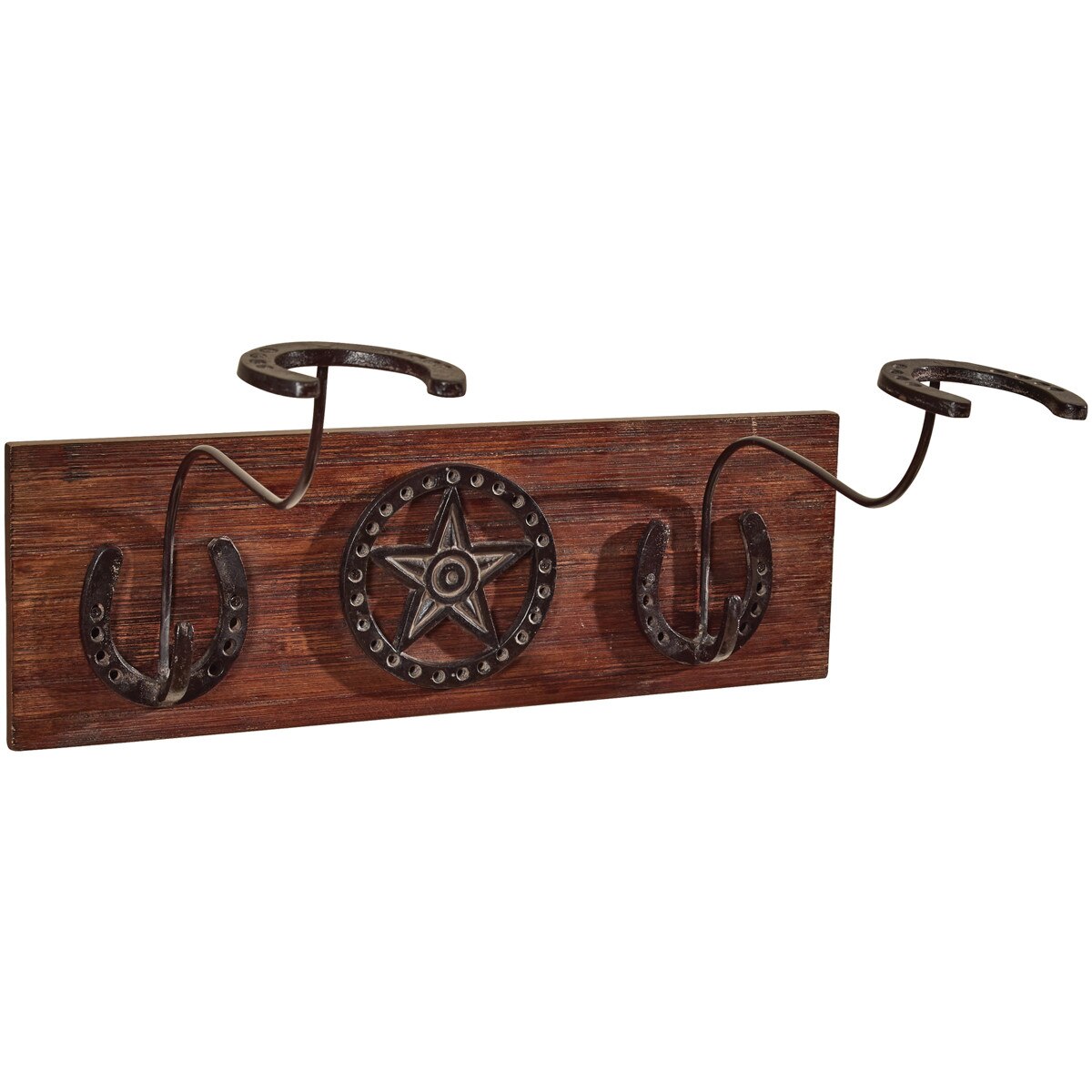 Wooden wall hook with hat hooks with star and horseshoe designs on a white background