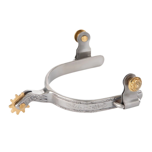 Silver colored spur with gold accents and engraving on a white background