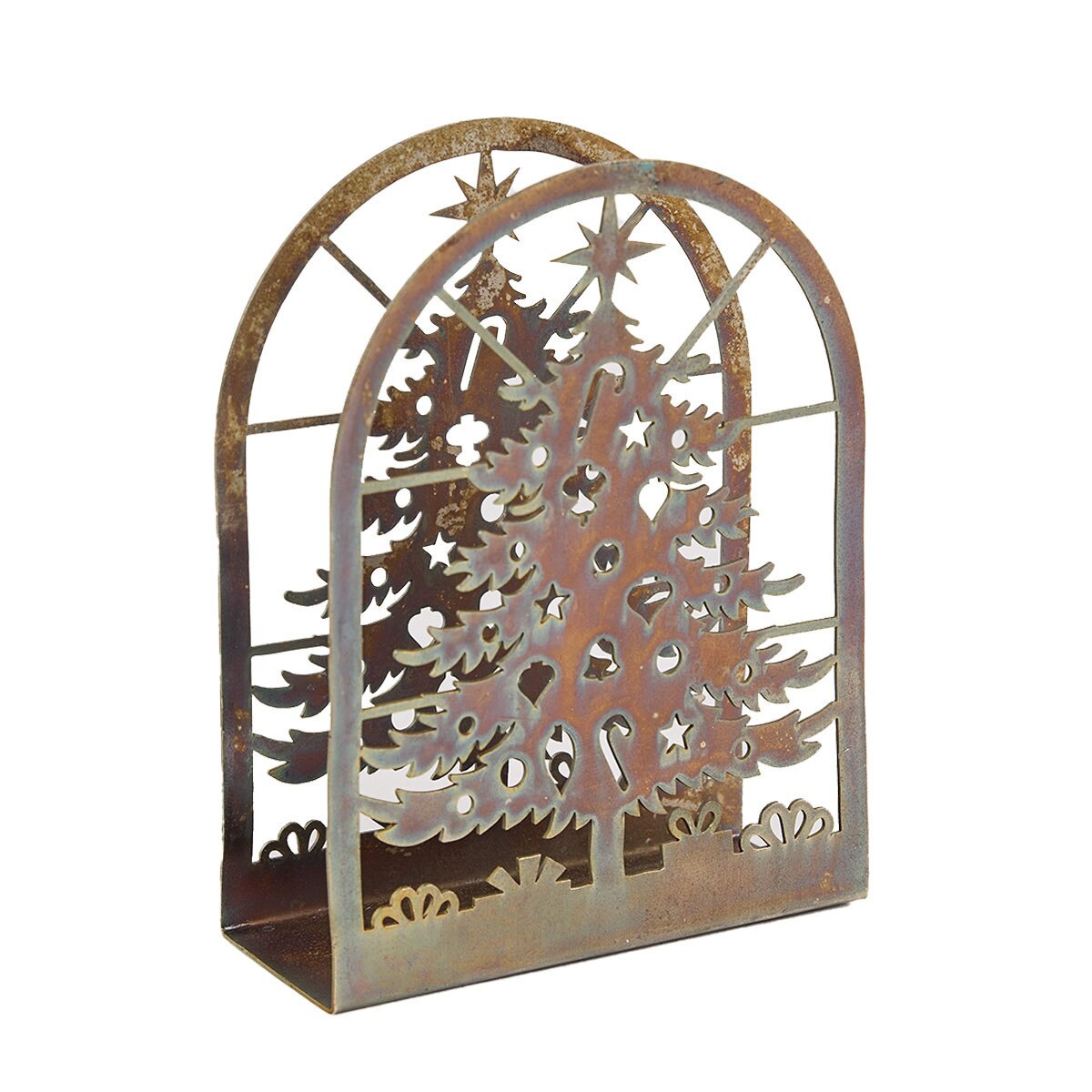 Rustic metal holiday napkin holder from Park Designs featuring a laser-cut Christmas tree silhouette inside an arched frame, finished with a weathered brown and bronze patina on a white background.
