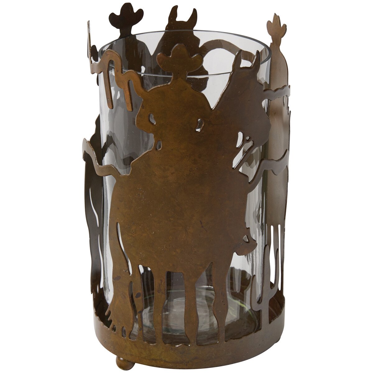 Decorative glass candle holder with metal cowboy silhouette on a white background