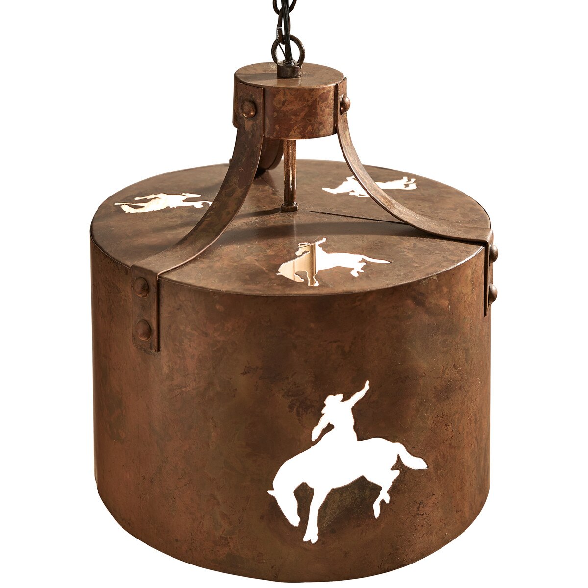 Bronze metal lantern with horse and rider design on a white background