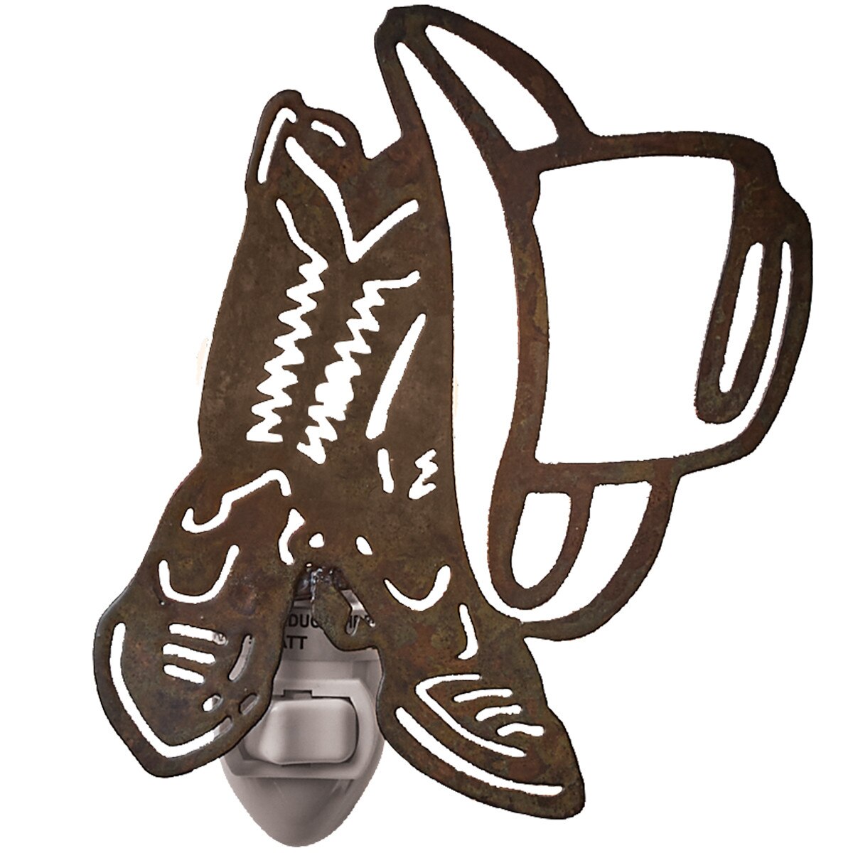 Decorative night light shaped like a cowboy boot with a mug on a white background