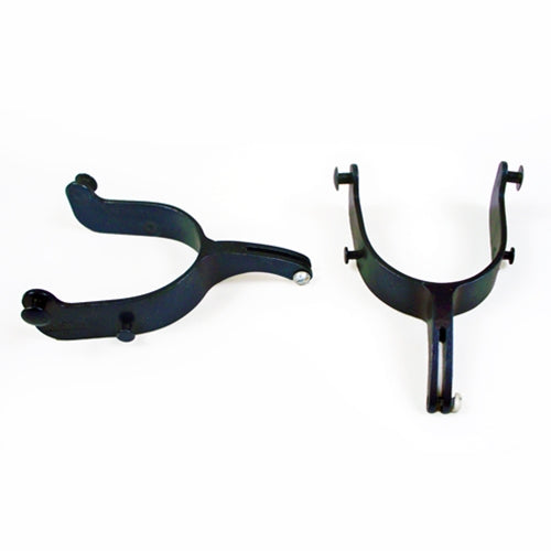 two black metal spurs used for roughstock riding on a white background