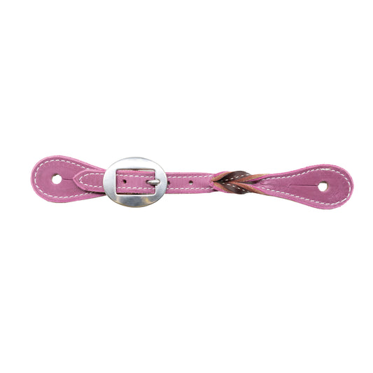 a pink and brown leather spur strap on white background