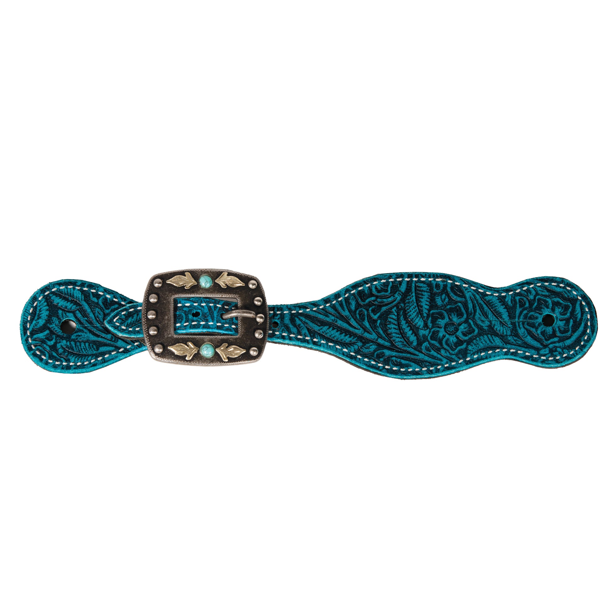 a blue embossed spur strap with a detailed buckle on a white background