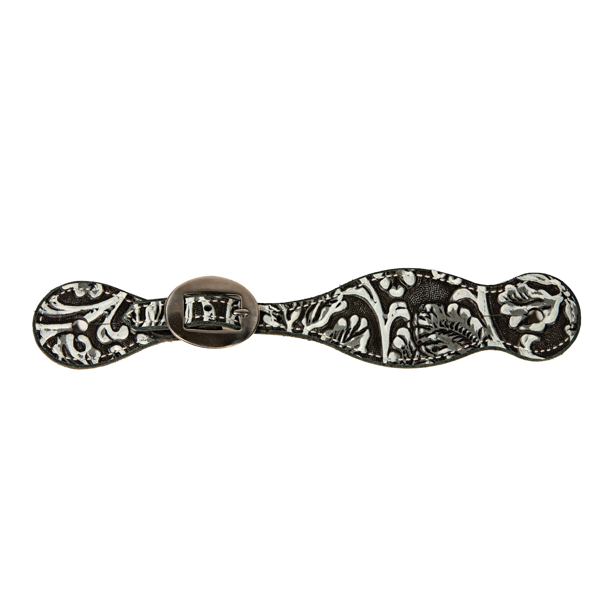 white and black embossed leather spur straps on a white background