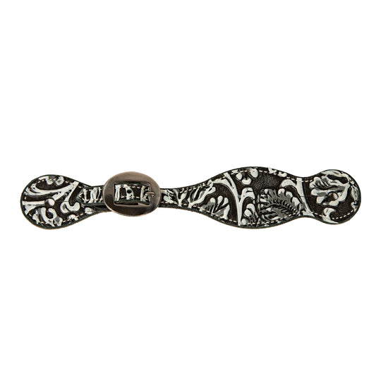 white and black embossed leather spur straps on a white background