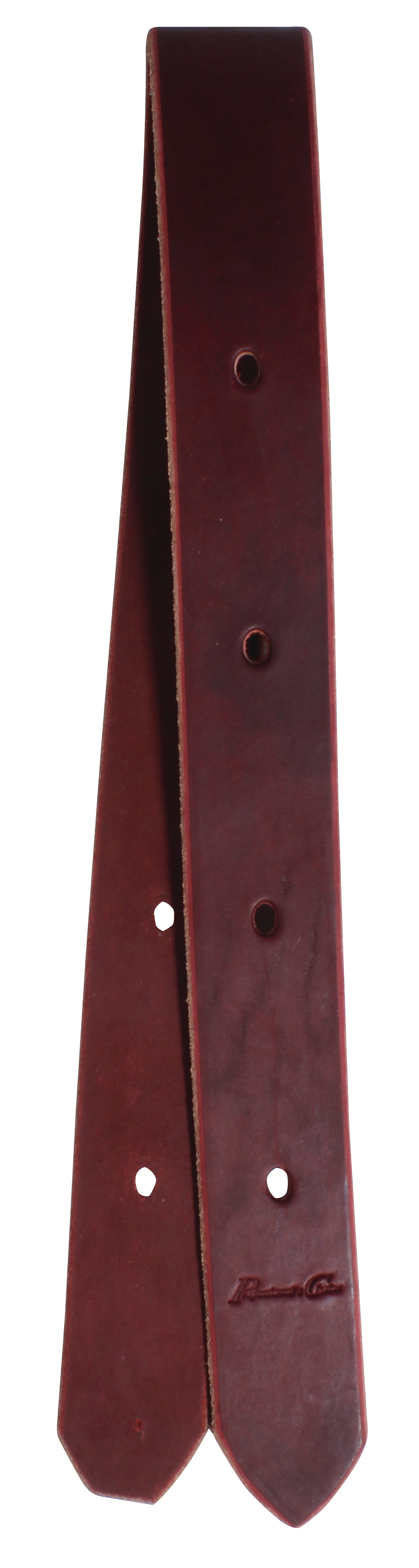 A burgundy latigo leather off billet with multiple holes 