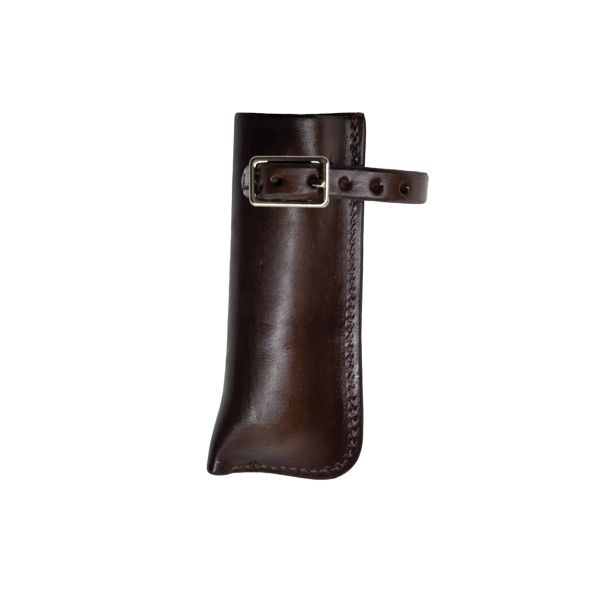 a brown colored leather piece with a nickel plated buckle, used for carrying flags