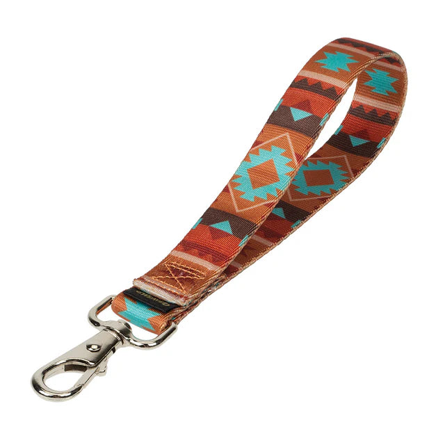 Patterned lanyard with a metal clip on a white background