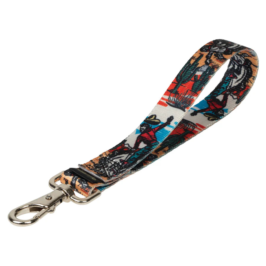 Rodeo print keychain strap with a metal clasp on a white background