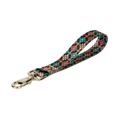 Patterned keychain strap with a metal clasp on a white background
