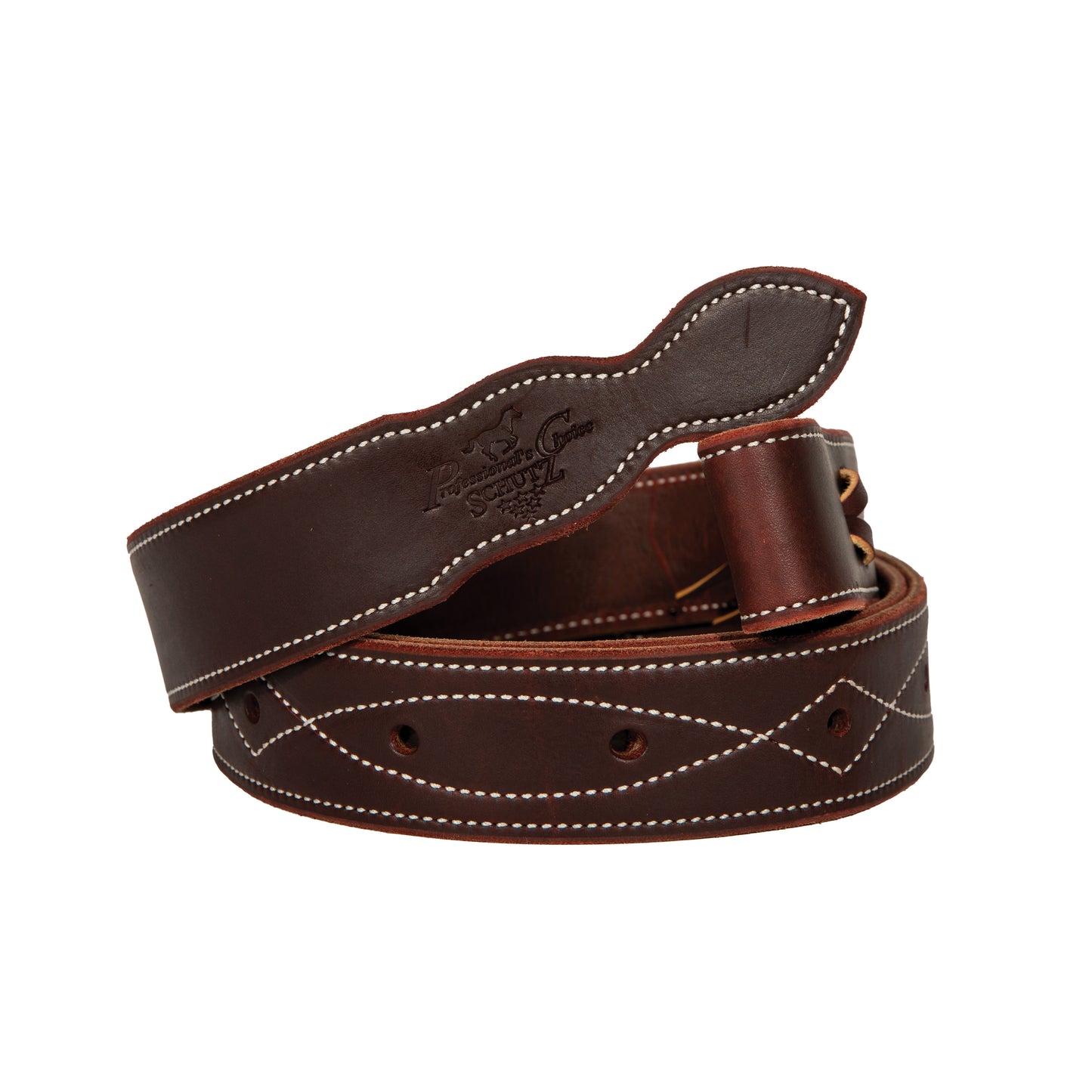 A brown Schutz Gunslinger Latigo Tie Strap with visible stitching and holes for cinching.