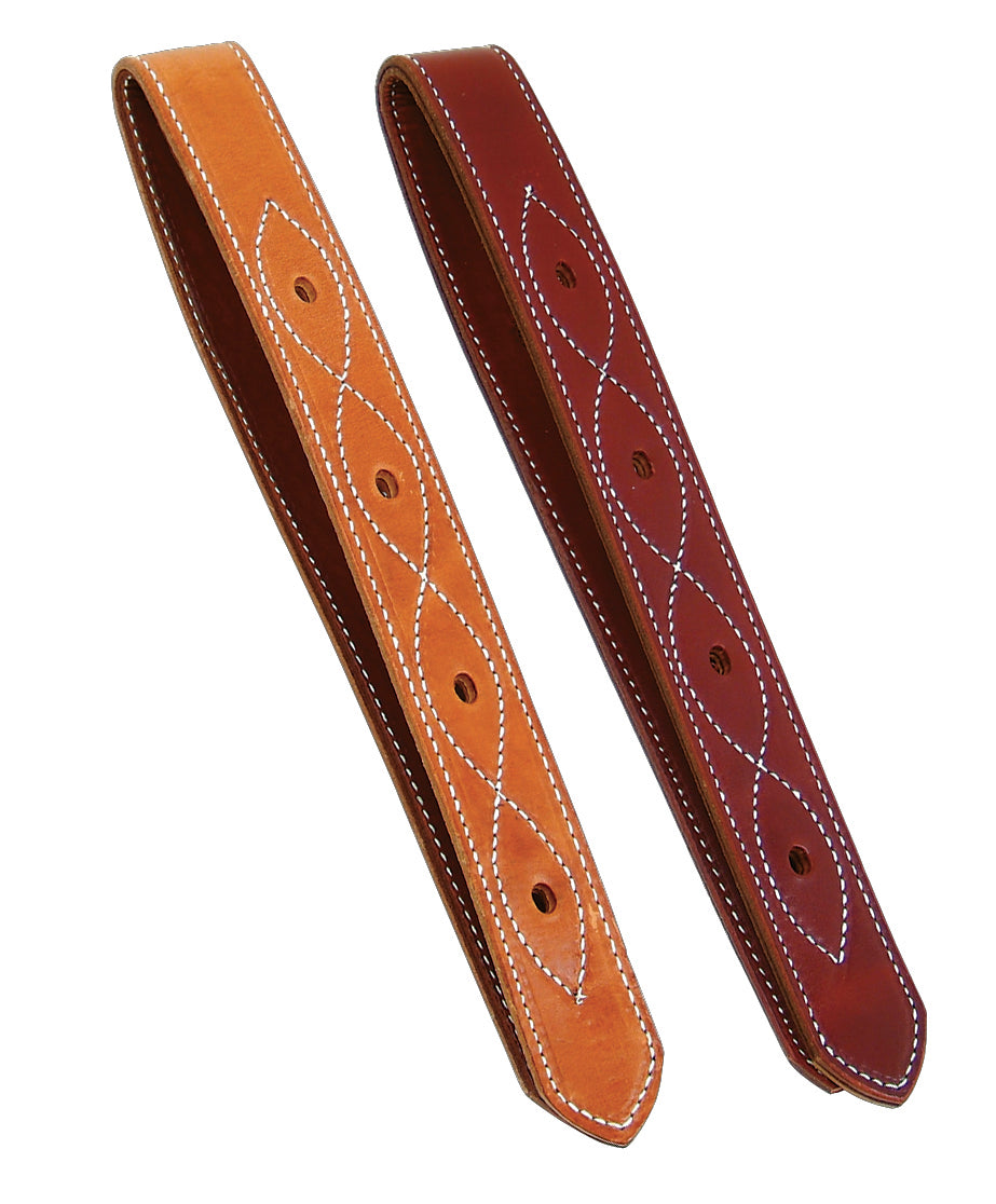 Two leather off billets for use on a western saddle, one is red latigo and the other is natural. there is a wavy stitch pattern in them