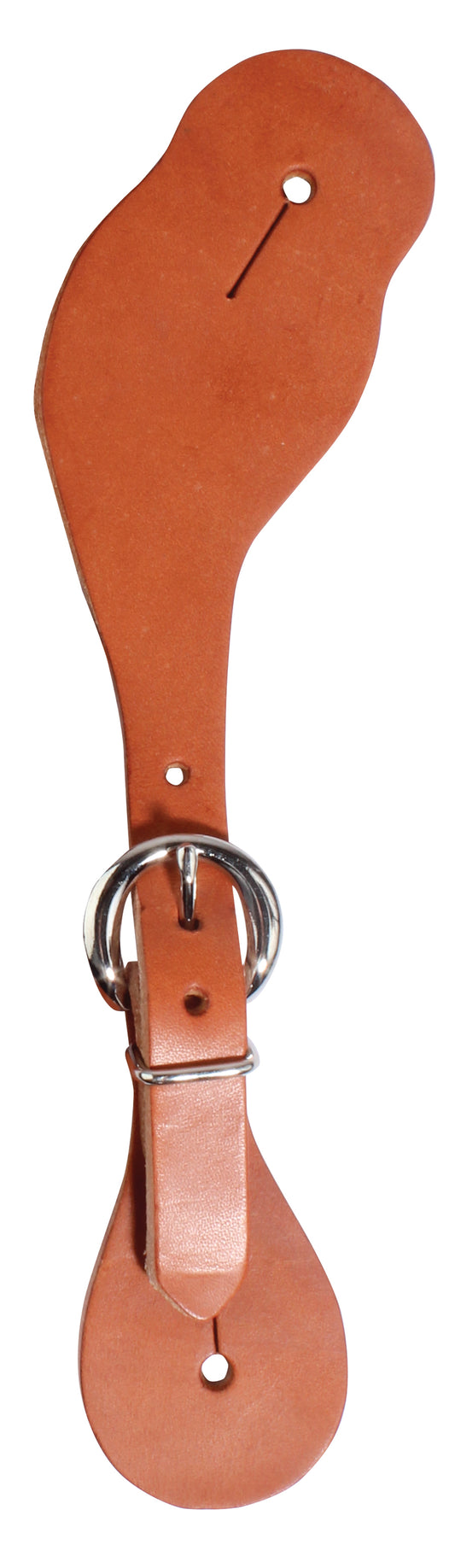 A brown leather spur strap with a stainless steel buckle designed for women and youth.
