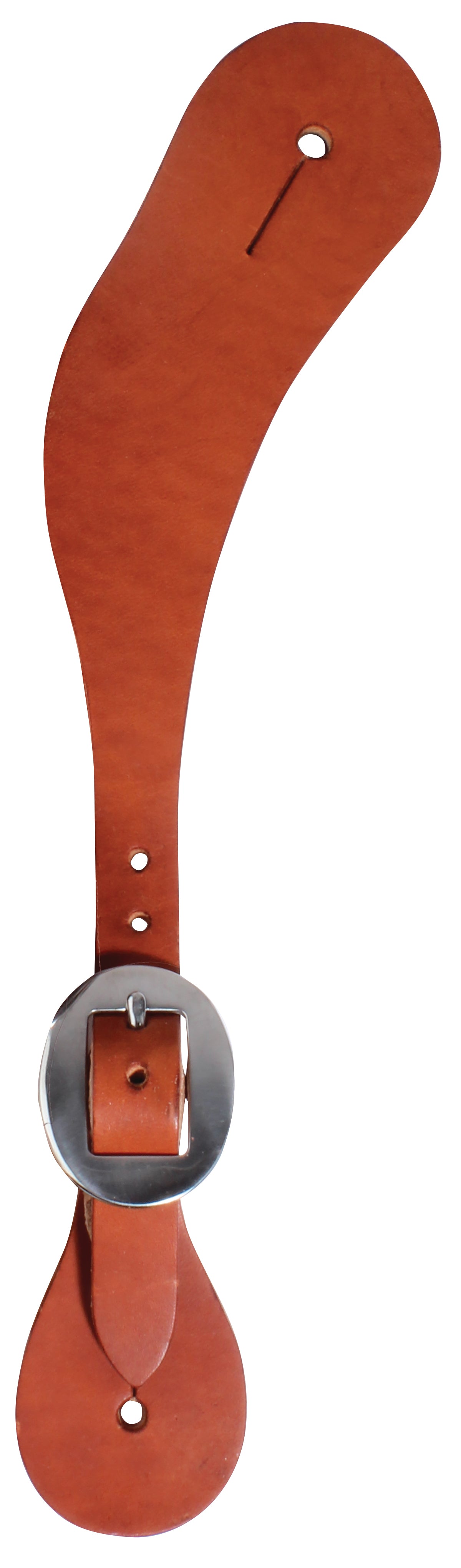 A brown leather spur strap with a stainless steel buckle, designed for men's fit.