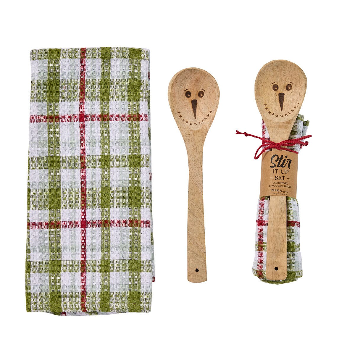 A kitchen gift set from Park Designs featuring a green, white, and red plaid tea towel and two wooden spoons with snowman faces, shown on a plain white background.