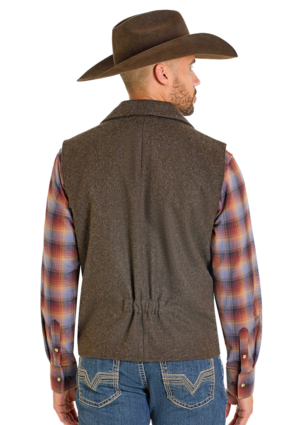 A man shown from the back wearing a brown cowboy hat, a brown wool Panhandle Slim vest over a red and blue plaid long-sleeve shirt, and blue jeans against a white background.