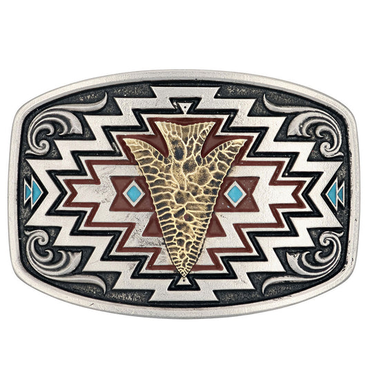 Montana Silversmiths Belt buckle with geometric pattern and central design on a white background