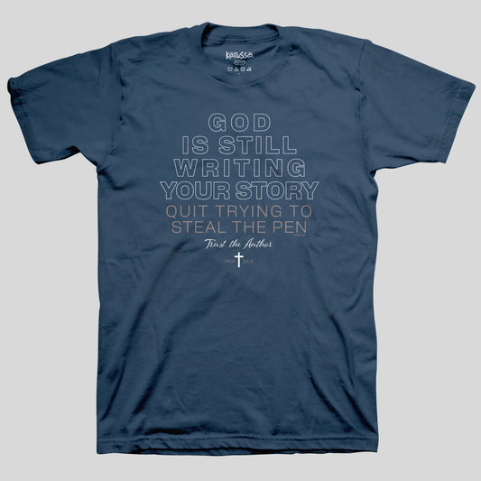 Gray t-shirt from Kerusso with a cross and text design on a white background
