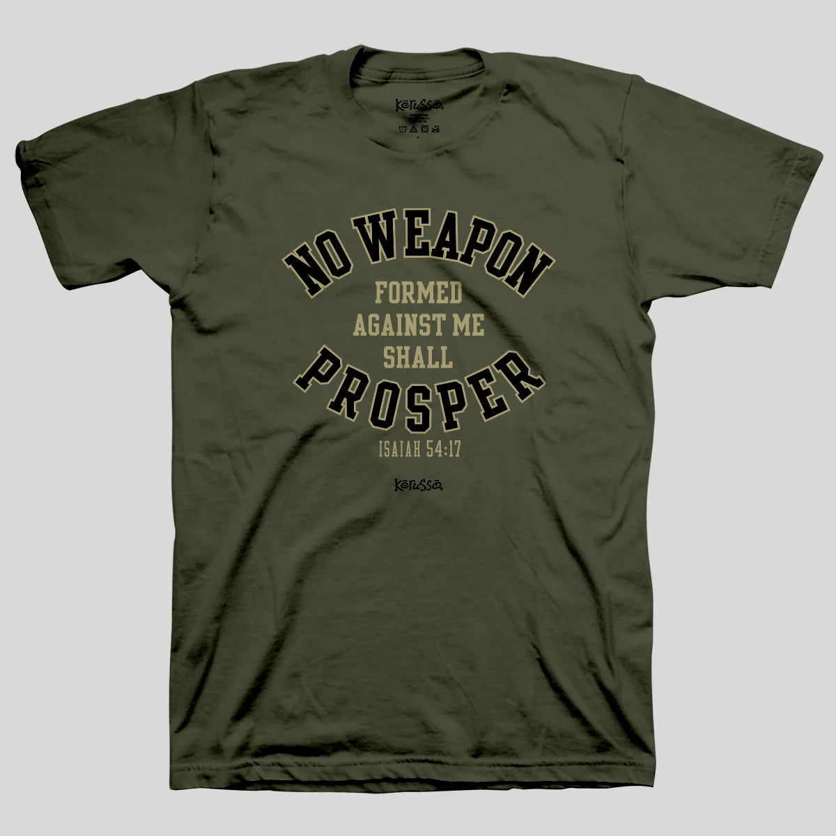 Gray t-shirt from Kerusso with a cross and text design on a white background