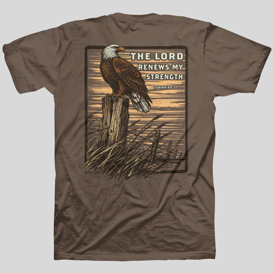 A brown short-sleeve t-shirt from Kerusso with a large graphic print on the back featuring a bald eagle perched on a wooden post with the text 'THE LORD RENEWS MY STRENGTH' and 'ISAIAH 40:31' on a light gray background.