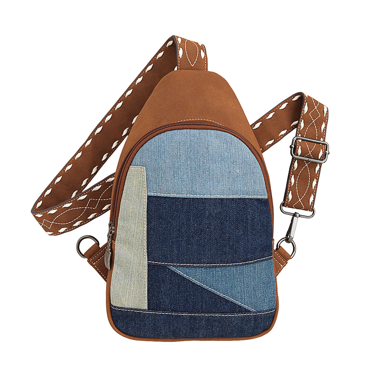 a brown and denim sling bag on a white background