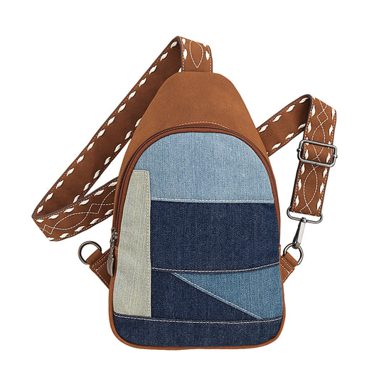 a brown and denim sling bag on a white background